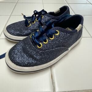 Keds Kate Spade Champion Blue Navy Glitter Sneakers Satin Laces Girls Size 7